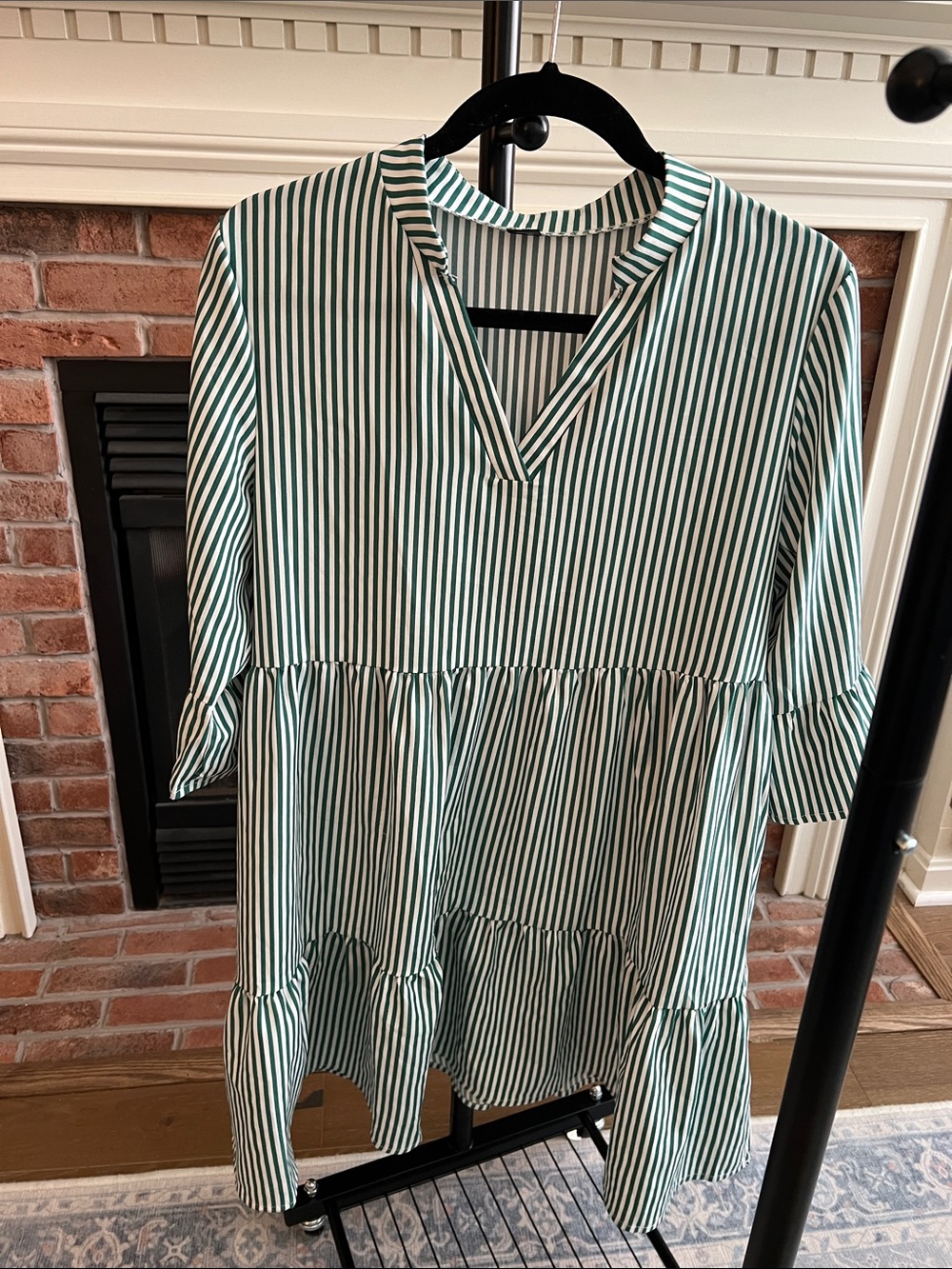 Striped V-Neck Tiered Dress in Green and White